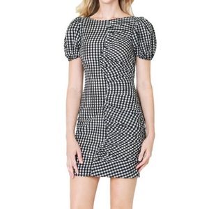Asymmetric gingham-check dress